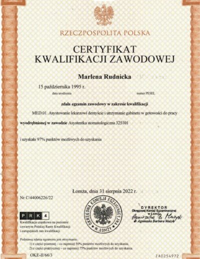 Certyfikat Marlena - Asystentka